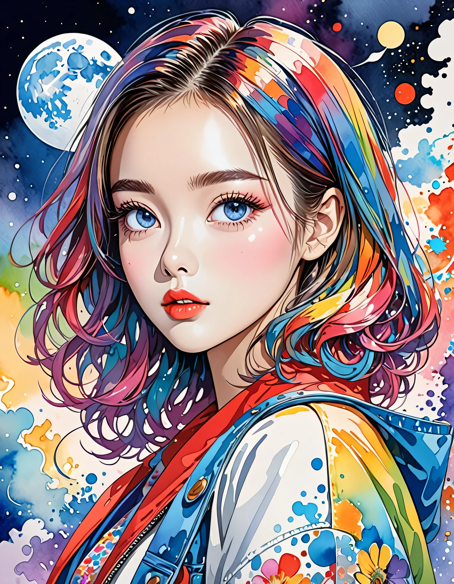 Micho Style、(((stylish fashion))), 8K Quality、Intense watercolor, Detailed watercolor art, Watercolor splash, Surreal, avant-garde pop art, Beautiful and expressive paintings, Beautiful artwork illustration, Very colorful tones, wonderful, Cool beauty, highest quality、Official Art, Vector art, Stylish design, (((The most beautiful girl))), (((highest quality))), HDR, ((detailed)), (((Doodle Art)), ((masterpiece)), ((Super detailed)), (((Stylish))), (((Moon))), Cute Alien