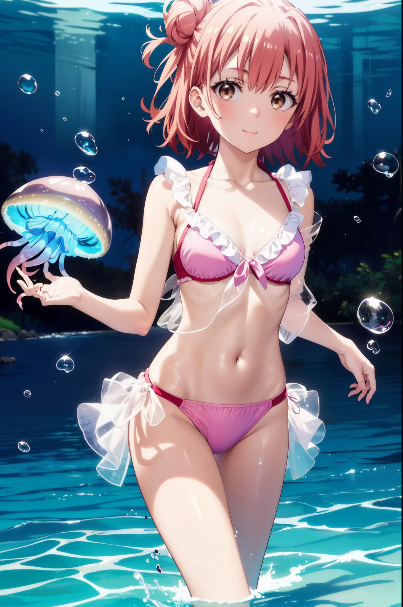 yuiyuigahama, yui yuigahama, short hair, (Brown eyes:1.5), (Pink Hair:1.2), Hair Bun, single Hair Bun, smile,Bikini Swimwear,barefoot,
Floating Hair, In the water, bubble, fish, (jellyfish), fluorescence,Sea Turtle, Seaweed,
break outdoors, In the water,
break looking at viewer, (Cowboy Shot:1.5),
break (masterpiece:1.2), Highest quality, High resolution, unity 8k wallpaper, (figure:0.8), (Beautiful attention to detail:1.6), Highly detailed face, Perfect lighting, Highly detailed CG, (Perfect hands, Perfect Anatomy),