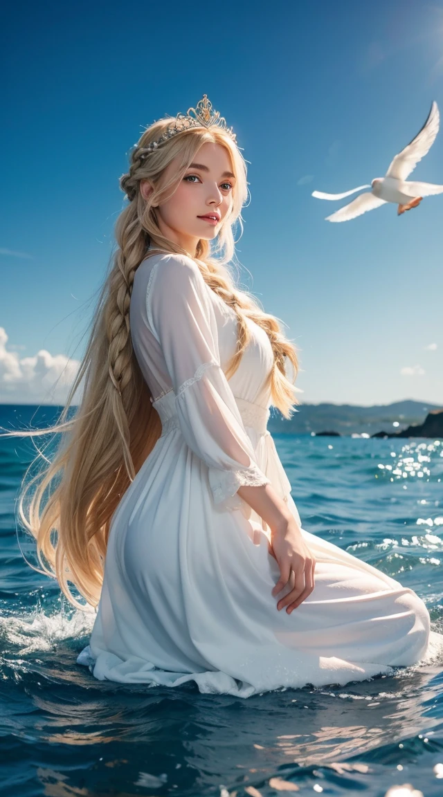 A girl emerged from the sea, The Swan Princess of Russian Mythology, Beautiful calm face, blue eyes, Long blonde hair braided, The moon is woven into the hair at the back of the head., Old Russian shiny white clothes, On her head is a kokoshnik crown, Affectionate look, Half-laugh, There was a gentle look on his face, Background seascape and sunlight, Seagulls in the sky, full length,  Photorealism