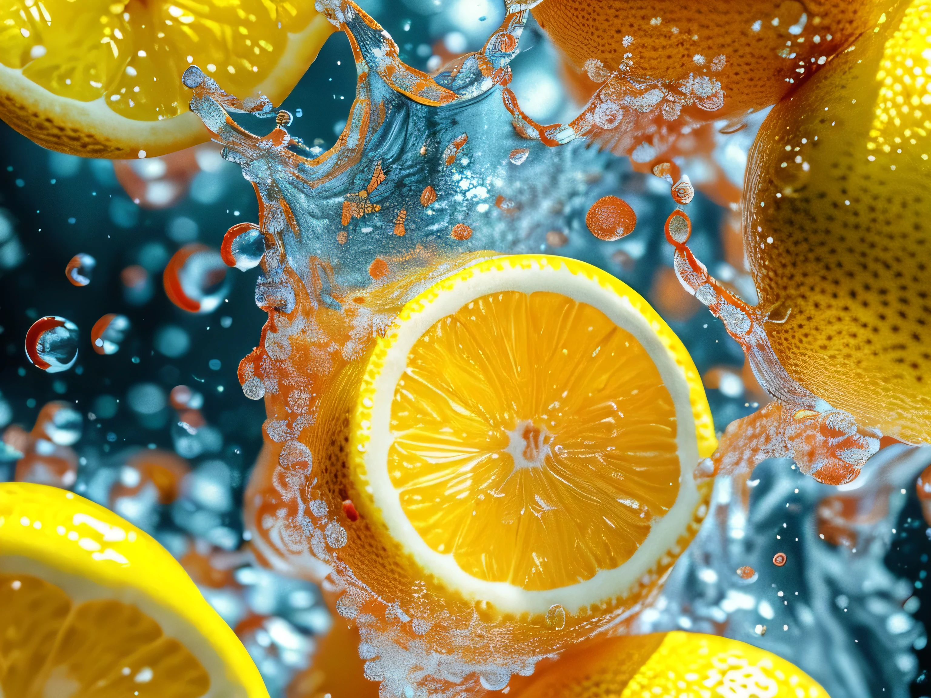 Real photography of 3 lemons falling into water and splashing with water droplets. Commercial advertising style, macro shot, background, warm lighting, cool colors creating splash effect. The cherry is dotted with white light spots, and the cherry falls from above, forming a splashing liquid water ball. HD photography quality.