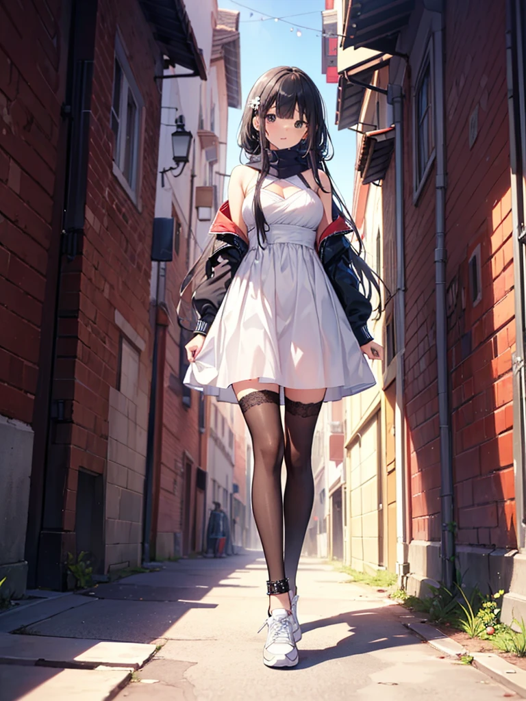 1girl,,legwear,,anklet,black hair,straight_hair,hime cut,long hair,sneakers,huge filesize,scarf,lace,halter_dress,