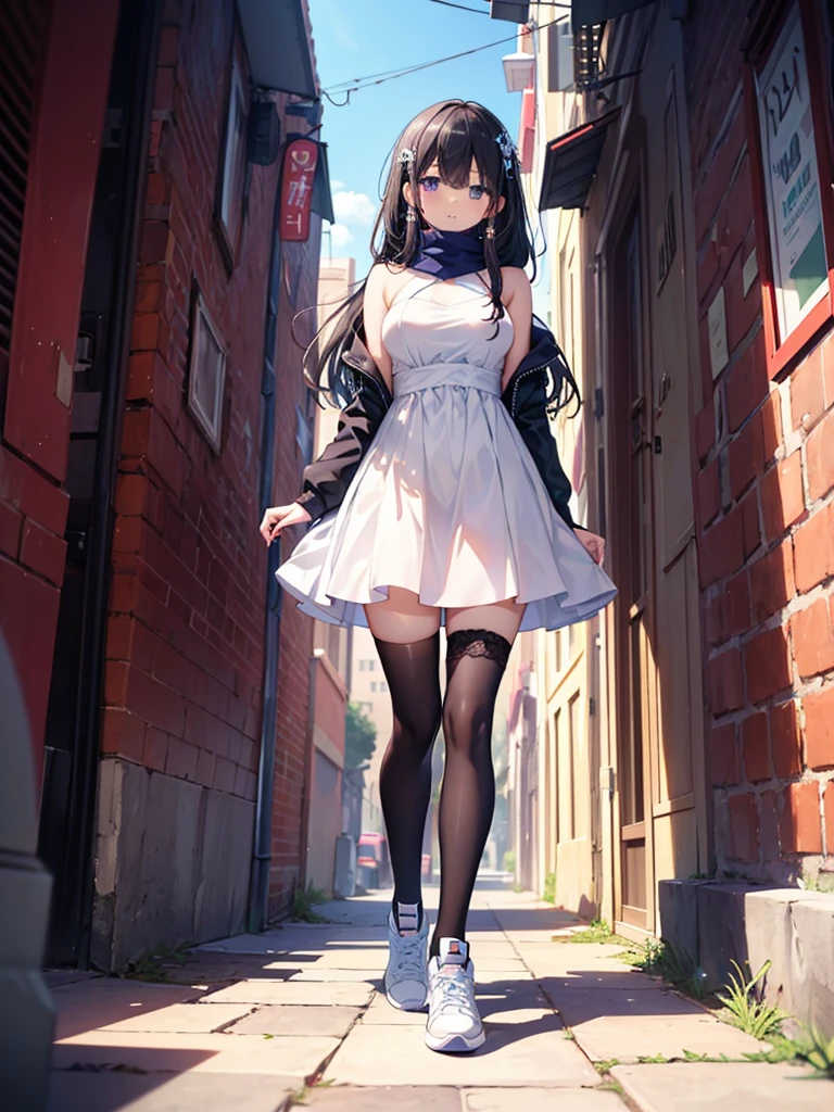 1girl,,legwear,,anklet,black hair,straight_hair,hime cut,long hair,sneakers,huge filesize,scarf,lace,halter_dress,