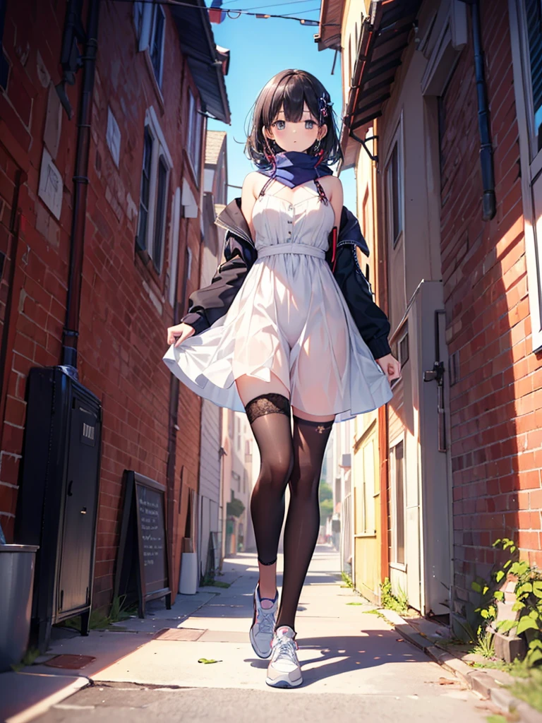 1girl,,legwear,,anklet,black hair,straight_hair,hime cut,long hair,sneakers,huge filesize,scarf,lace,halter_dress,
