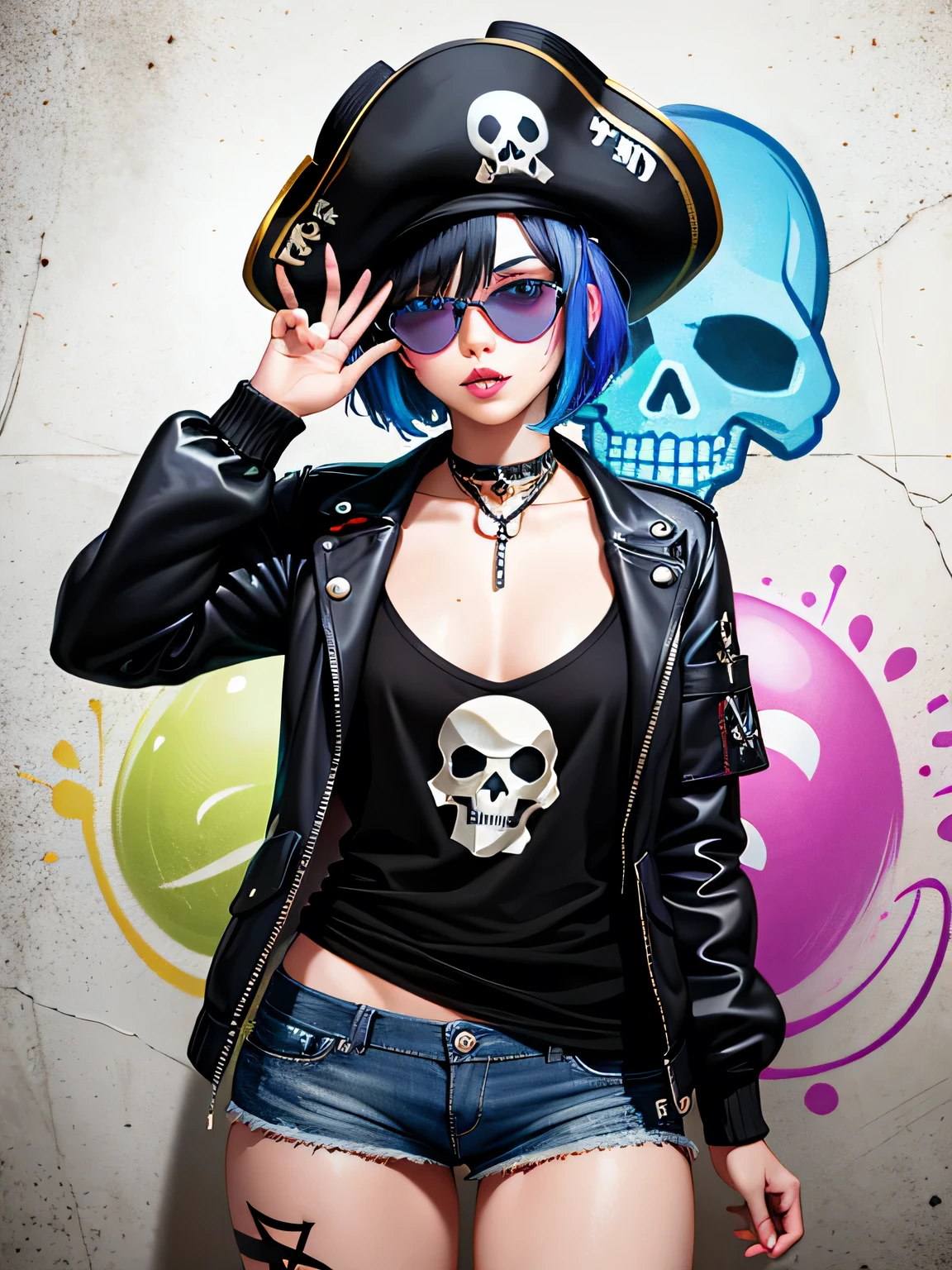 8K resolution、((highest quality))、((masterpiece))、((Super detailed))、1 female、alone、The strongest beautiful girl of all time、((incredibly absurd))、(((Stylish sunglasses))), pirate hat, lips in love、neon、short cut hair、 (((skull graffiti art))), colorful hair,