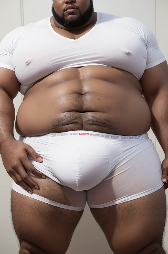 Fat black man in white underwear slip showing bulge in white underwear 