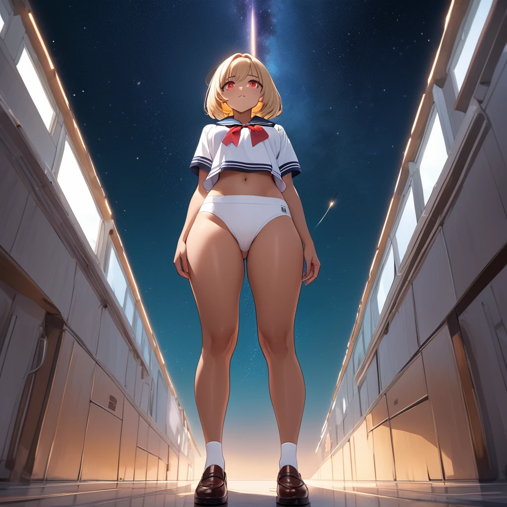 Highest quality, masterpiece, Ultra-high resolution, One girl,
Smooth blonde hair with dark roots Two-tone hair Blonde bob cut Slanted eyes Red eyes Crimson eyes Sparkling eyes drawn in detail Tanned skin Brown skin Chocolate skin Traditional sailor suit Dark green sailor suit White socks Loafers Low angle Perfect proportions Standing with arms crossed Confident expression Eyes drawn in detail Somewhere in space A shooting star Close-up of the crotch Provocative perspective Mature underwear White underwear Underwear drawn in detail Sexy