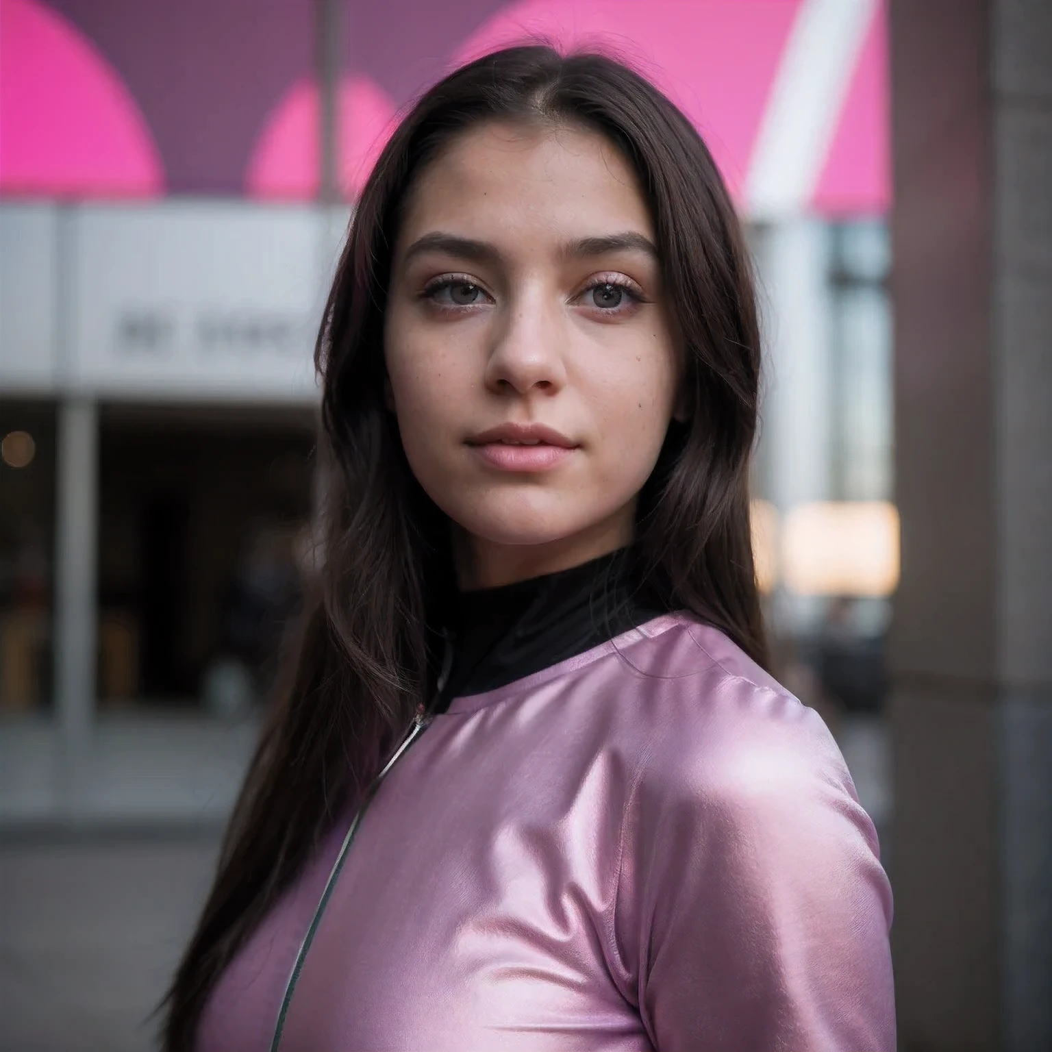 Photo of a college student, Purple Pink, Futuristic space suit, (freckle:0.8) Cute face, Science Fiction, Dystopia, Delicate eyes, Green pupils（（side view））