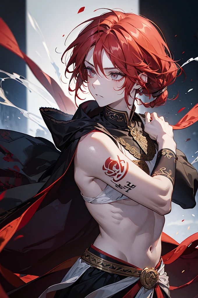 boy, red hair half tied at shoulder length and a little messy, amber eyes, skin fair, greek clothing, smoke tattoo on neck and arm, uncanny, darkness background, shunlight.