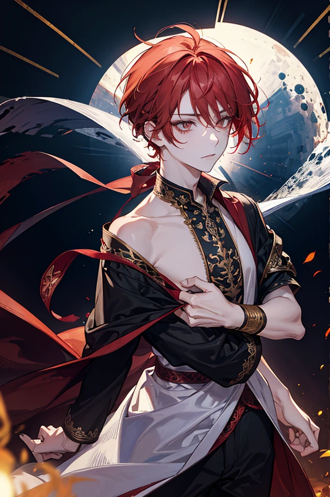 boy, red hair half tied at shoulder length and a little messy, amber eyes, skin fair, greek clothing, smoke tattoo on neck and arm, uncanny, darkness background, shunlight.