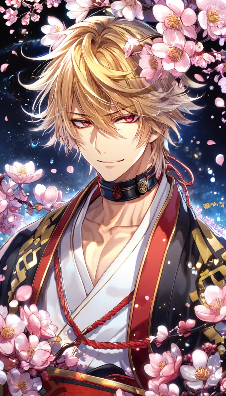 absurdres, highres, ultra detailed, HDR, master piece, Kazama Chikage, honey-blonde hair, expressive red eyes, a traditional white kimono with red trim, black collar, black haori with yellow trim on top of the kimono, Hakuouki, sexy man, handsome, best quality, blossoms, pink petals, pink flowers, fantasy, magical, blue shining fireflies, solo, water, smirking
