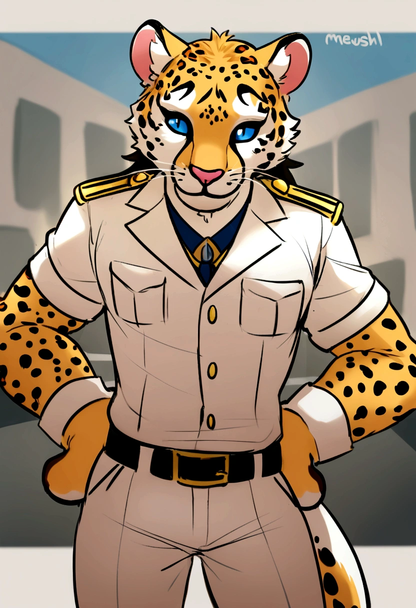 By Meesh, Zaush, Blotch. Sexy male furry, anthro jaguar, military pants, big smiles blue eyes, yiffy pose.