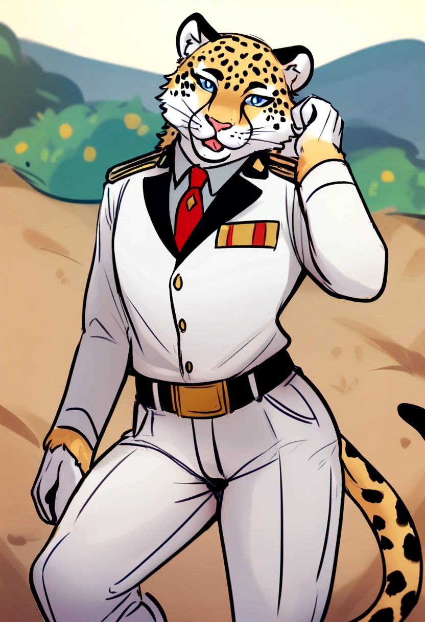 By Meesh, Zaush, Blotch. Sexy male furry, anthro jaguar, military pants, big smiles blue eyes, yiffy pose.