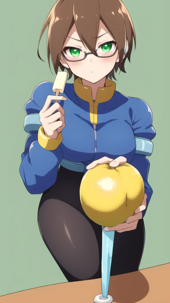 Aile_Megamanzx, 1 Girl, looking at viewer, Brown hair, Green eyes, Simple background , Blushed , Leaning on a table , Glasses , Licking a lemon ice popsicle