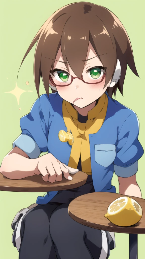 Aile_Megamanzx, 1 Girl, looking at viewer, Brown hair, Green eyes, Simple background , Blushed , Leaning on a table , Glasses , Licking a lemon ice popsicle
