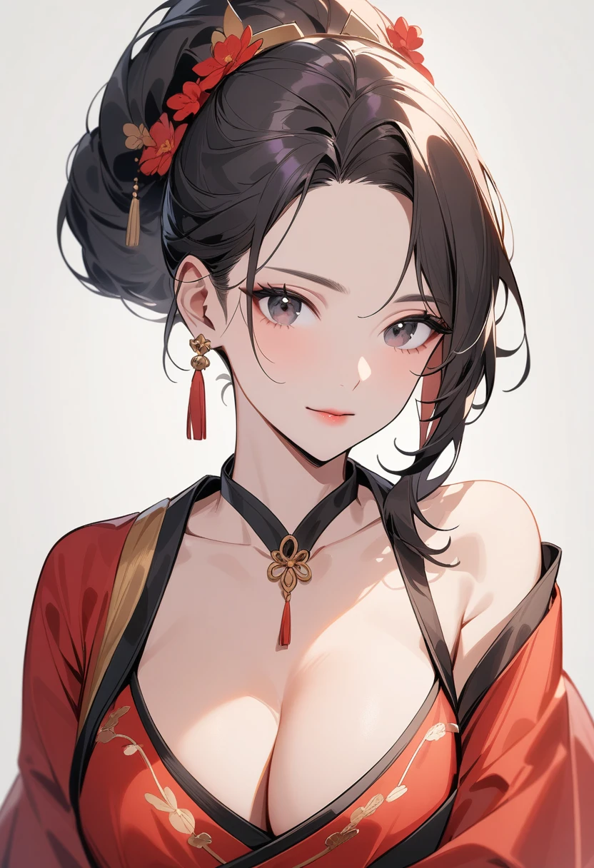 Mature women,Black long hair,Hair up,Red Hanfu,Showing cleavage,Show your shoulders,Beautiful black eyes,Extremely detailed,high resolution,Simple background