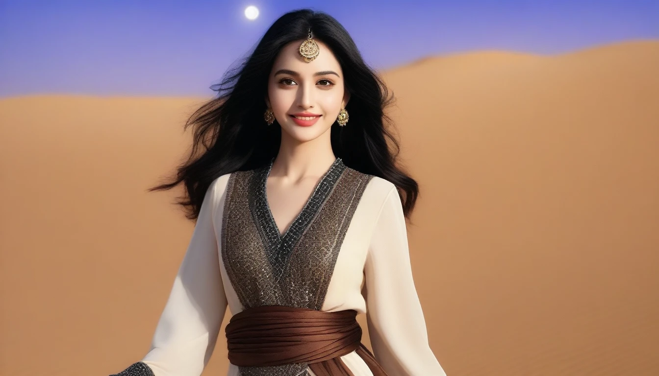 Beautiful woman in the Arabian Nights style。Dressed in gorgeous traditional Arabian attire。Background is desert and starry sky、View of an oasis in the distance。Wear exotic accessories、Long black hair swaying in the wind。Her eyes were deep brown.、Has a captivating smile。There was a magical light all around her.、It exudes a mysterious atmosphere