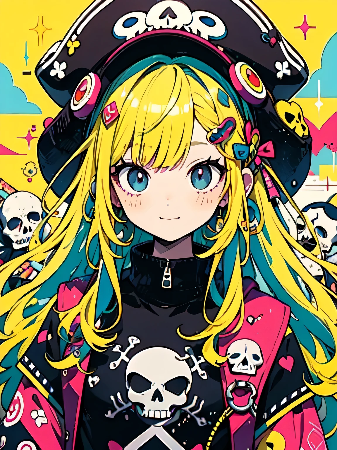 Takashi Murakami style、"cute, beautiful, Adorable girl wearing pink clothes, yellow, and baby blue color scheme. She is wearing a costume with a SKULL motif inspired by a female pirate.。.。.。.... stylish hat, Rock、Comes with decorative accessories such as hair clips. Embodying the vibrant and modern Harajuku fashion style。."