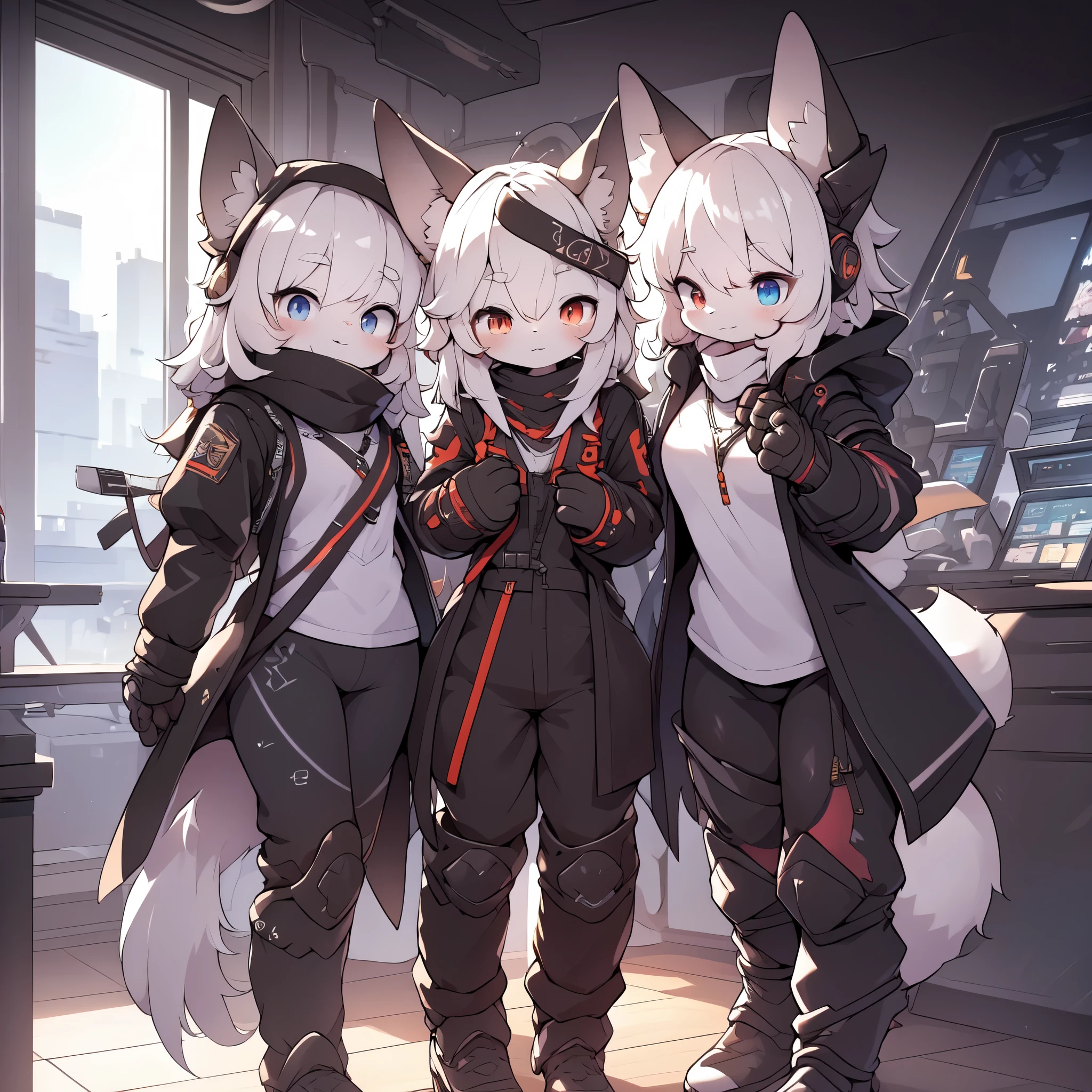 Kawaii, Striped Fluffy Fox, emaciated, long hair, 3girls, artificial synthetic skin, life support prosthetics, digital headphones, black tight latex bodysuit, white long dress, thigh-high-socks, shorts, loose off-the-shoulder hood open jacket, holsters in thigh, Mechanical boots, tactical knee pads, tactical belted loose Arm Sleeves, cybernetic Display gloves, chest rigs, tactical belts, blue archive halo, bulletproof goggles on forehead, from Ark nights, ray tracing, depth of field, bloom, masterpiece, ccurate, high details, highres