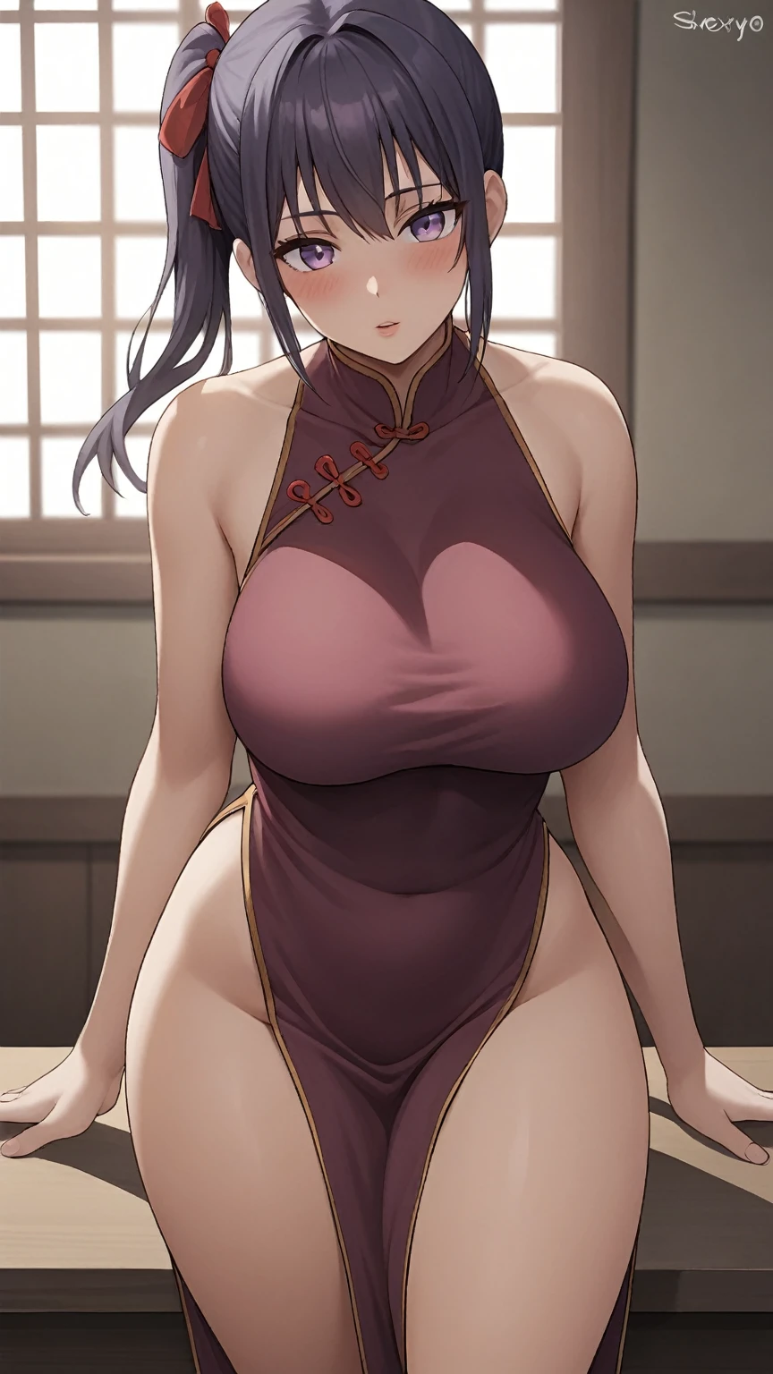 1girl, china_dress, breasts, chinese_clothes, dress, solo, purple_eyes, side_ponytail, large_breasts, looking_at_viewer, blush, leaning_forward, red_dress, parted_lips, bangs, black_hair, long_hair, sleeveless, bare_shoulders, sleeveless_dress, hair_ribbon, no_panties, ribbon, side_slit, indoors, thighs, sidelocks, bare_arms, pelvic_curtain, red_ribbon, table, cowboy_shot, Cartoon_style, Shexyo_ponyxl