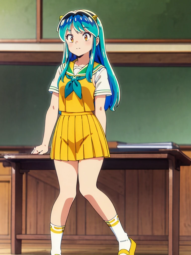 masterpiece, Highest quality, 1 Girl, Lum, Sailor suit, Summer clothes, Navy Blue Skirt, uniform, anime, Charm, 18-year-old, sexy, Stand with your feet apart, Japan, High definition, From before, classroom, Green Hair, Cowboy Shot, smile, Yellow neckerchief, 1980年代animeスタイル, White socks, Orange sneakers