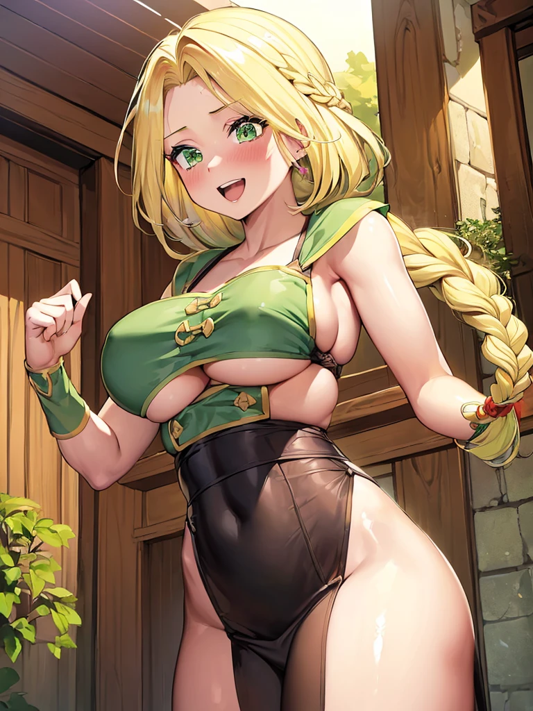 masterpiece,best quality,1girl,,beautiful girl,BREAK,(緑の鎧:1.8),(白いドレス:1.7),(underboob,voluptuous bust,thin waist:1.4),navel exposed,BREAK,(Beautiful blonde,braid,Green Eyes:1.5),(Embarrassed smile:1.3),(open mouth:1.3),