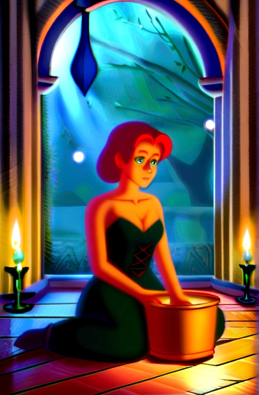 Jane Porter de Tarzan da Disney, white redhead, black jumpsuit and corset that covers the entire bust sitting on the floor of an ancient palace drinking a potion given by an old bald wizard, candlelit scene, pan, 2d disney stylized realism style