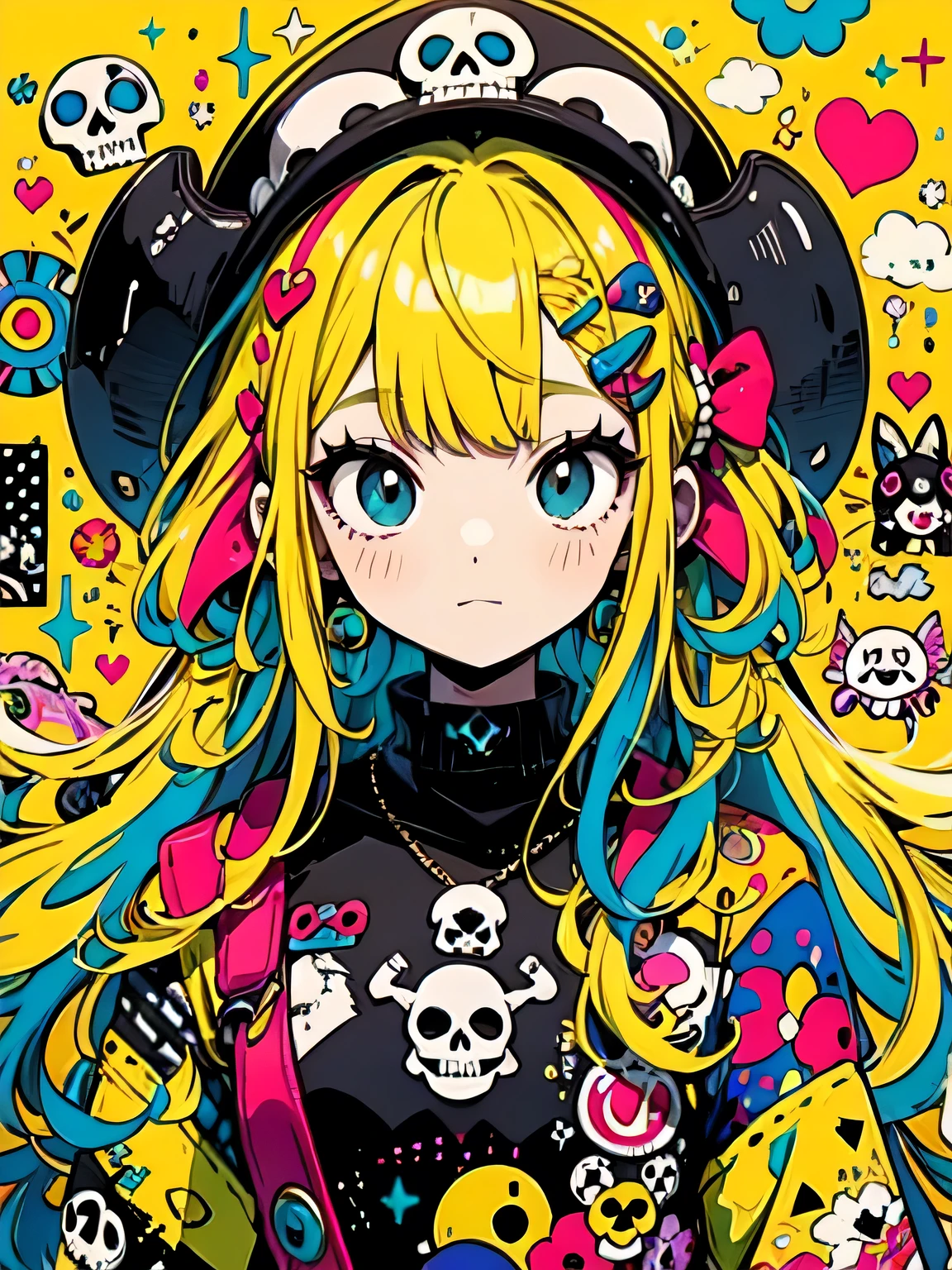 Takashi Murakami style、"cute, beautiful, Adorable girl wearing pink clothes, yellow, and baby blue color scheme. She is wearing a costume with a SKULL motif inspired by a female pirate.。.。.。.... stylish hat, Rock、Comes with decorative accessories such as hair clips. Embodying the vibrant and modern Harajuku fashion style。."