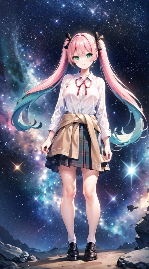 High detail, Super detailed, Ultra-high resolution, A girl having fun in a dreamlike galaxy, Surrounded by stars, The warm light that shines on her, Starry background with colorful galaxies and galactic clouds, The stars fly around her, Add a playful touch ,ピンクのLong Hair、solo、Green Eyes、skirt、Long Hair、(((Half Twin Tail)))、shirt、shoes下、Clothes around the waist、白いshirt、格子縞のskirt、Plaid、sleevesa rolled up、chest、襟付きshirt、ribbon、Knee-high、bangs、shoes、茶色のskirt、赤いribbon、プリーツskirt、Mouth closed、ネックribbon、Medium breast