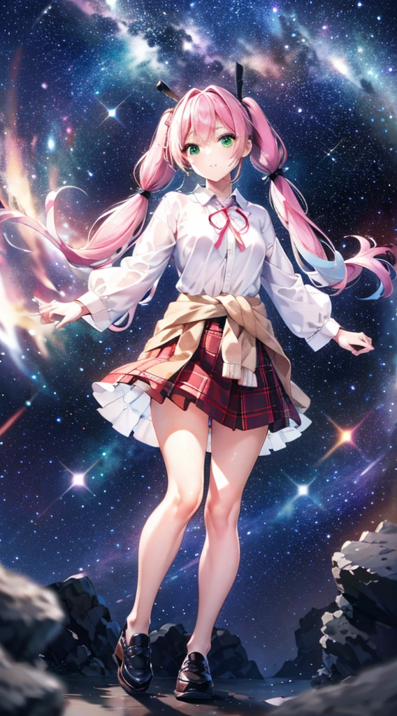High detail, Super detailed, Ultra-high resolution, A girl having fun in a dreamlike galaxy, Surrounded by stars, The warm light that shines on her, Starry background with colorful galaxies and galactic clouds, The stars fly around her, Add a playful touch ,ピンクのLong Hair、solo、Green Eyes、skirt、Long Hair、(((Half Twin Tail)))、shirt、shoes下、Clothes around the waist、白いshirt、格子縞のskirt、Plaid、sleevesa rolled up、chest、襟付きshirt、ribbon、Knee-high、bangs、shoes、茶色のskirt、赤いribbon、プリーツskirt、Mouth closed、ネックribbon、Medium breast