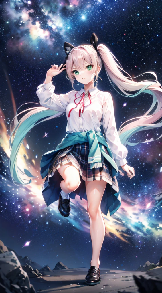 High detail, Super detailed, Ultra-high resolution, A girl having fun in a dreamlike galaxy, Surrounded by stars, The warm light that shines on her, Starry background with colorful galaxies and galactic clouds, The stars fly around her, Add a playful touch ,ピンクのLong Hair、solo、Green Eyes、skirt、Long Hair、(((Half Twin Tail)))、shirt、shoes下、Clothes around the waist、白いshirt、格子縞のskirt、Plaid、sleevesa rolled up、chest、襟付きshirt、ribbon、Knee-high、bangs、shoes、茶色のskirt、赤いribbon、プリーツskirt、Mouth closed、ネックribbon、Medium breast 