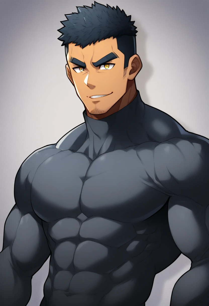 anime characters:Gyee, Muscle Sports Student, negro black skin, 1 dark skin muscular tough guy, Manliness, male focus, Dark grey high collar long sleeve wetsuit, Matte texture, Very tight, Round, full and perky chest muscles, Slightly transparent, muscular male, muscular, only, Upper body, alone, Black short hair, Thick eyebrows, stubble, Yellow eyes, Grey background, simple background, amazing quality, best aesthetics, Ridiculous, bright pupils, crew cut, parted lips, seductive smile, torogao, naughty face, drop shadow, best quality