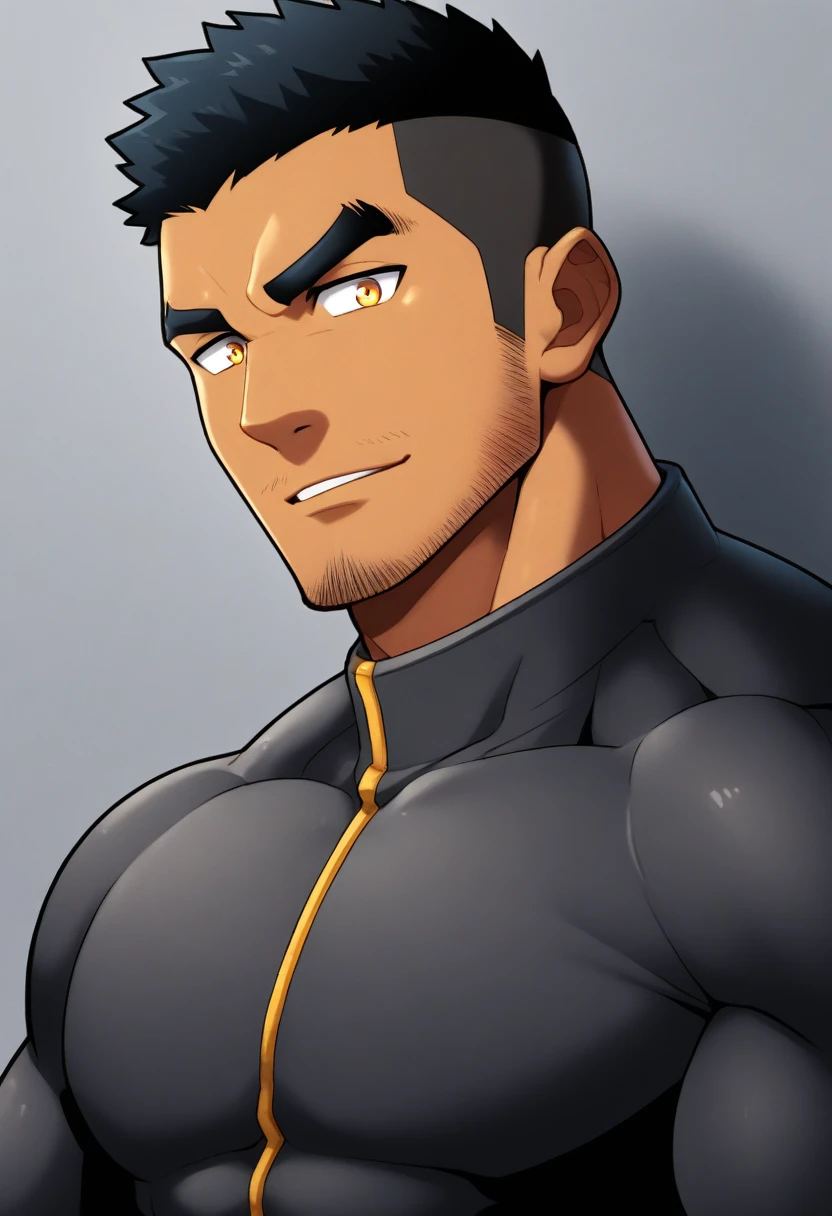 anime characters：Gyee, Muscle Sports Student, negro black skin, 1 dark skin muscular tough guy, Manliness, male focus, Dark grey high collar long sleeve wetsuit, Matte texture, Very tight, Round, full and perky chest muscles, Slightly transparent, muscular male, muscular, only, Upper body, alone, Black short hair, Thick eyebrows, stubble, Yellow eyes, Grey background, simple background, amazing quality, best aesthetics, Ridiculous, bright pupils, crew cut, parted lips, seductive smile, torogao, naughty face, drop shadow, best quality