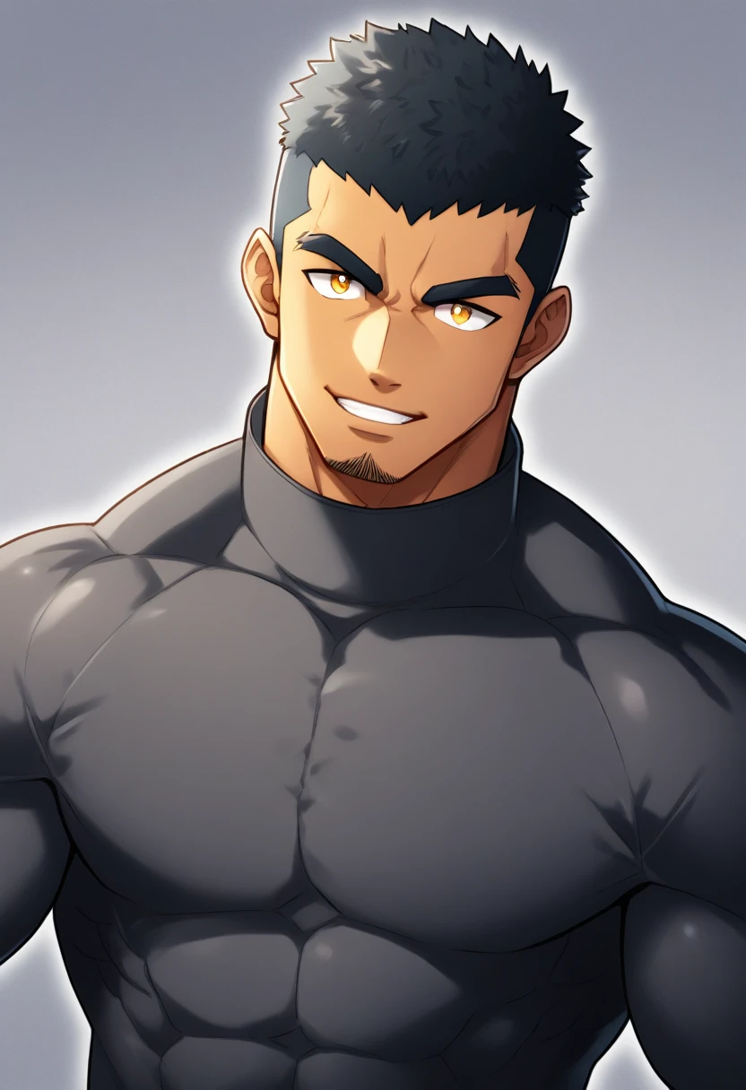 anime characters：Gyee, Muscle Sports Student, negro black skin, 1 dark skin muscular tough guy, Manliness, male focus, Dark grey high collar long sleeve wetsuit, Matte texture, Very tight, Round, full and perky chest muscles, Slightly transparent, muscular male, muscular, only, Upper body, alone, Black short hair, Thick eyebrows, stubble, Yellow eyes, Grey background, simple background, amazing quality, best aesthetics, Ridiculous, bright pupils, crew cut, parted lips, seductive smile, torogao, naughty face, drop shadow, best quality