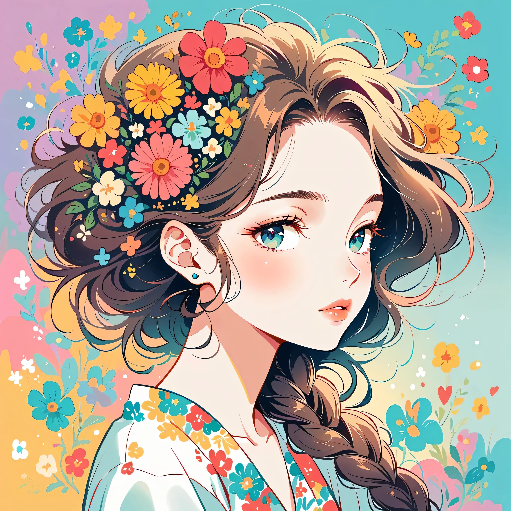 Takashi Murakami style、The most beautiful girl of all time、Lips in Love、Colorful flowers、Simple line initials、Abstract art、Urban Background, Lips in Love, Love and Hopes