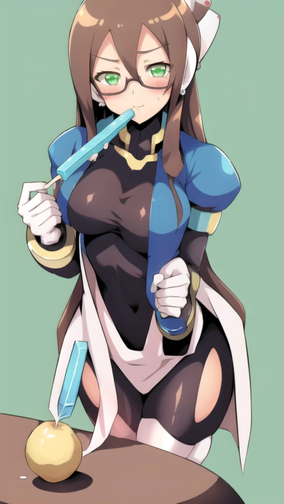 Aile_Megamanzx, 1 Girl, looking at viewer, Brown hair, Green eyes, Simple background , Blushed , Leaning on a table , Glasses , Licking a lemon ice popsicle
