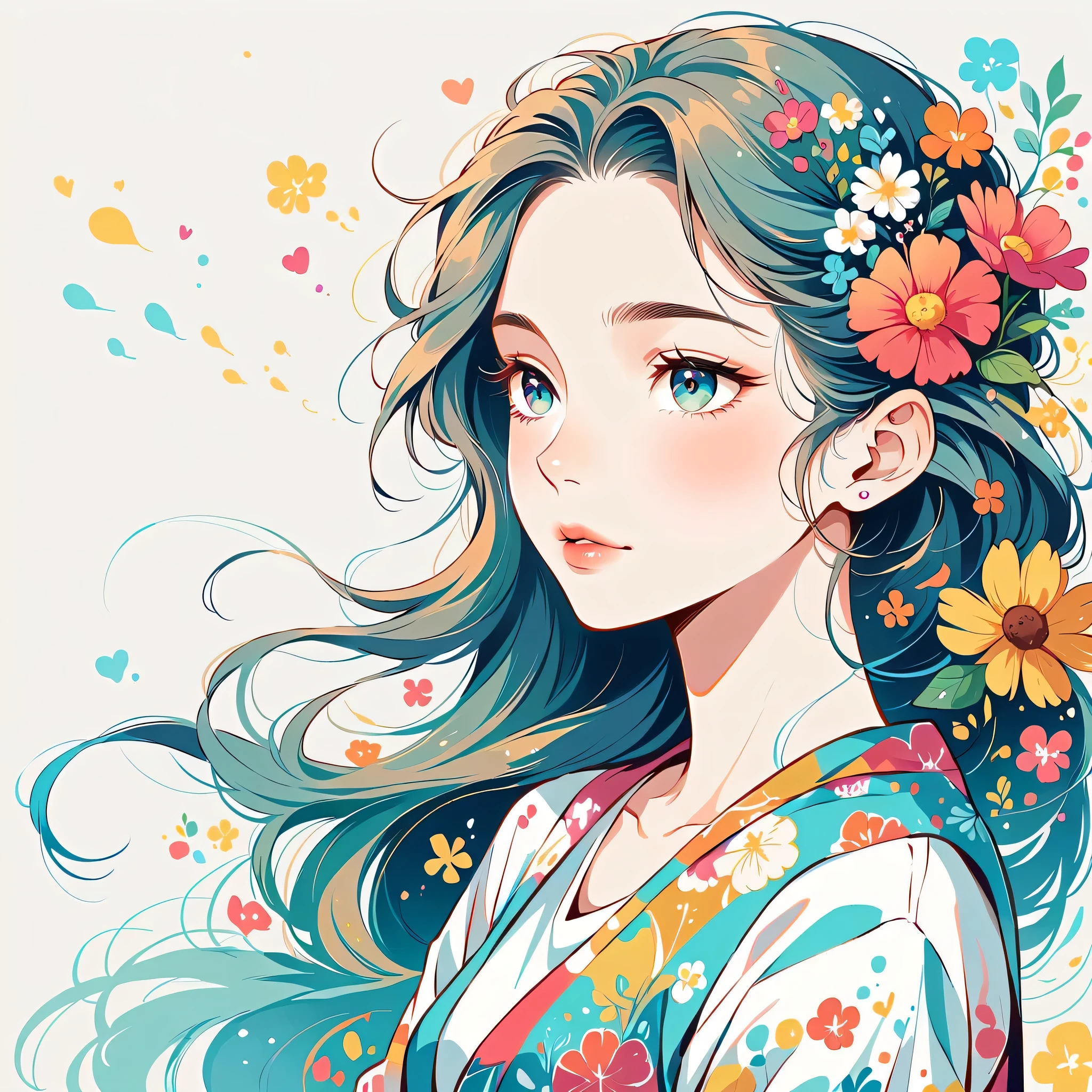 Takashi Murakami style、The most beautiful girl of all time、Lips in Love、Colorful flowers、Simple line initials、Abstract art、Urban Background, Lips in Love, Love and Hopes