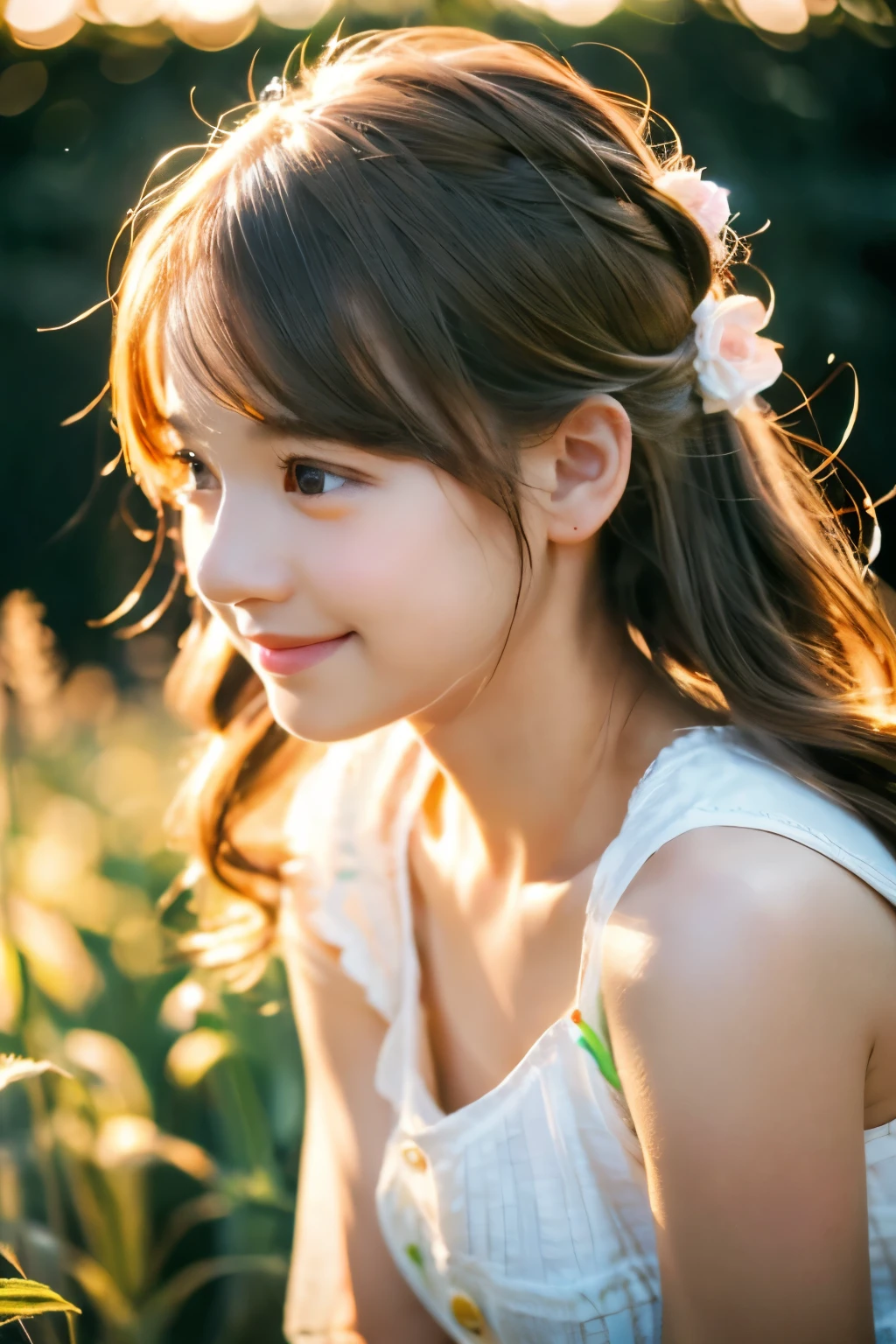 Cute Chibi Girl、smile、In the corn field、Very detailed、Ultra-realistic、Photorealistic、8K、Hyperrealistic、masterpiece、Beautiful detailed eyes、Beautiful detailed lips、Very detailedな顔、Long eyelashes、Beautiful young girl、Calm expression、sitting in a cornfield、Golden light、Warm colors、Beautiful lighting、Cinematic、Intricate details、Bright colors、natural environment、Lush vegetation、Soft Focus、Depth of written boundary