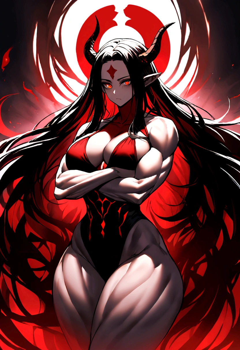 I want you to create the image of a woman, she has long dark hair and two dark horns on her forehead, red eyes and dark pupils, its entire body is covered in darkness with small red details, she has a toned physique with voluminous thighs and large pecs, Your whole body is covered in darkness, except your pale face, she has o, darker his body and a more intense dark and red aura surrounding his body, She has a red halo between her horns and her arms are crossed., his entire body except his pale face is covered in very dark darkness