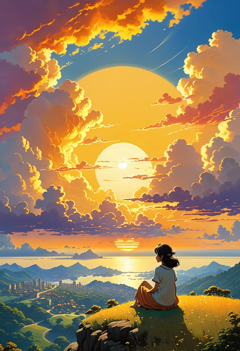 and souls、Skyscape with circular billowing clouds 、Orange-yellowish sky of the infernal sunset bright yellow clouds like shining gold、Deities々Shikai 、You can feel the touch of the brush.、girl sitting watching a sunset, Studio ghibli、ghibli、scenery、Style、The light shines、sky line , style Kilian Eng y Thomas Kinkade, Rob Gonsalves y Tim White., silvain sarriel, rads and thomas kinkade, inspired by RHADS, cyril rolando and m.I'm confused, cyril rolando and m. I'm confused, rads!!! Beautiful digital artwork, detailed painting 4k, very detailed digital painting, rich and picturesque colors, beautiful digital painting