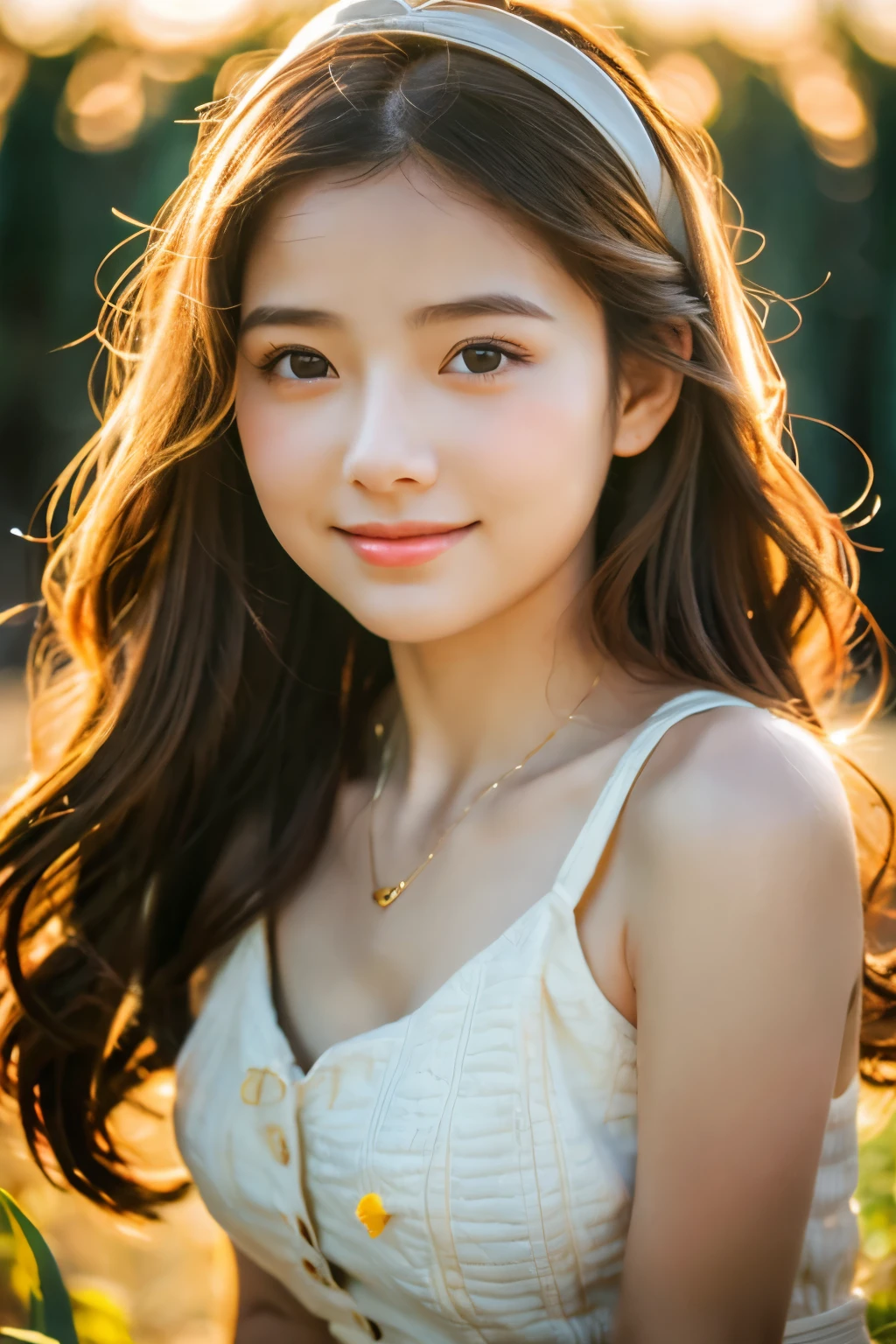 Cute Chibi Girl、smile、In the corn field、Very detailed、Ultra-realistic、Photorealistic、8K、Hyperrealistic、masterpiece、Beautiful detailed eyes、Beautiful detailed lips、Very detailedな顔、Long eyelashes、Beautiful young girl、Calm expression、sitting in a cornfield、Golden light、Warm colors、Beautiful lighting、Cinematic、Intricate details、Bright colors、natural environment、Lush vegetation、Soft Focus、Depth of written boundary