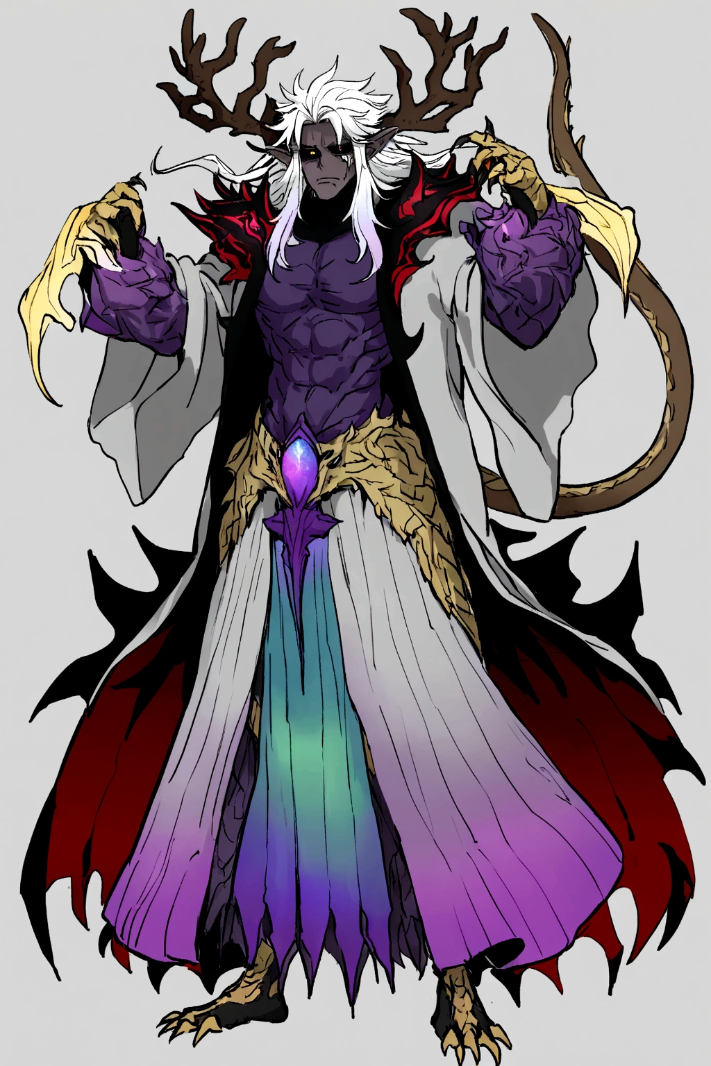 solo, 20 year old male, character fusion, nidhogg fused with odin and sun wukong, tall tanned man with wild unruly white hair, bangs on face, bangs, ((iridescent irises)), black sclera on eyes, long voluminous hair, spiky hair, pointy ears, fit , clawed fingers, dragon tail, open haori, turtleneck tanktop, manly jaw, dark crystal antlers, exhausted expression, khaenr'ah abyss, draconic person, calamity incarnate, full body