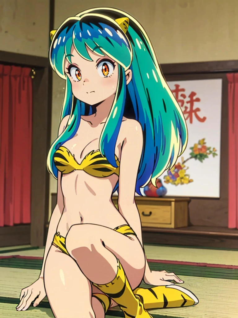 masterpiece, Highest quality, 1 Girl, Lum, Lum_比基尼, anime, Charm, 18-year-old, sexy, blush, Stand with your feet apart, High definition, From before, Japan, Green Hair, smile, 1980年代animeスタイル