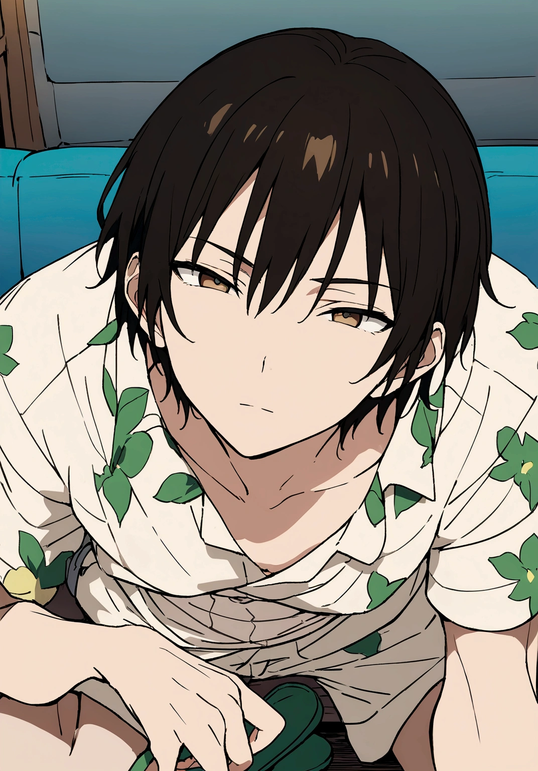 Masterpiece, High quality, High quality of art, best quality, anime lineart, 1man, fluffy brown hair, gray-green-brown eyes, Skinny, white Hawaiian shirt, light lime t-shirt, white shorts, dark green slippers, black shoulder bag