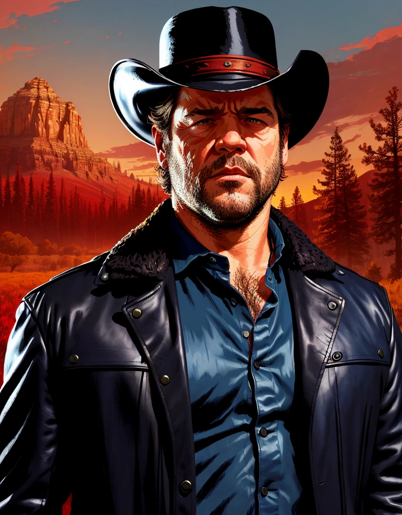 R3DD34Dstyle, digital portrait, Russel crowe, sad, cowboy hat, Black leather jacket, blue shirt, red sky,