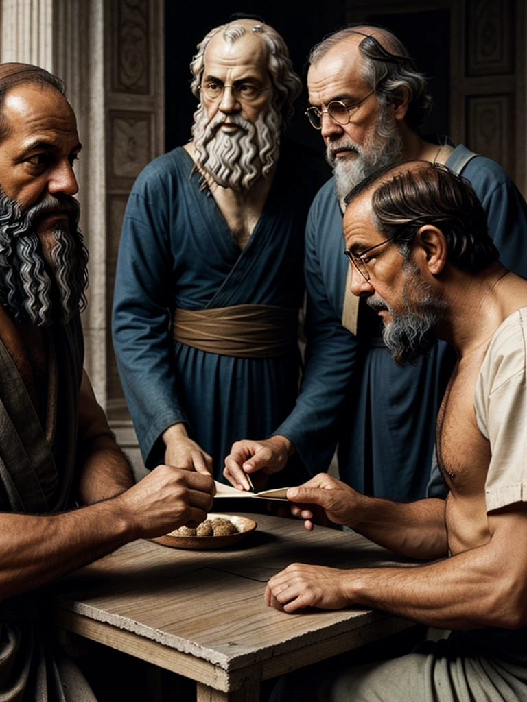 create image of aristotle, plato and socrates together telling secrets at a table 