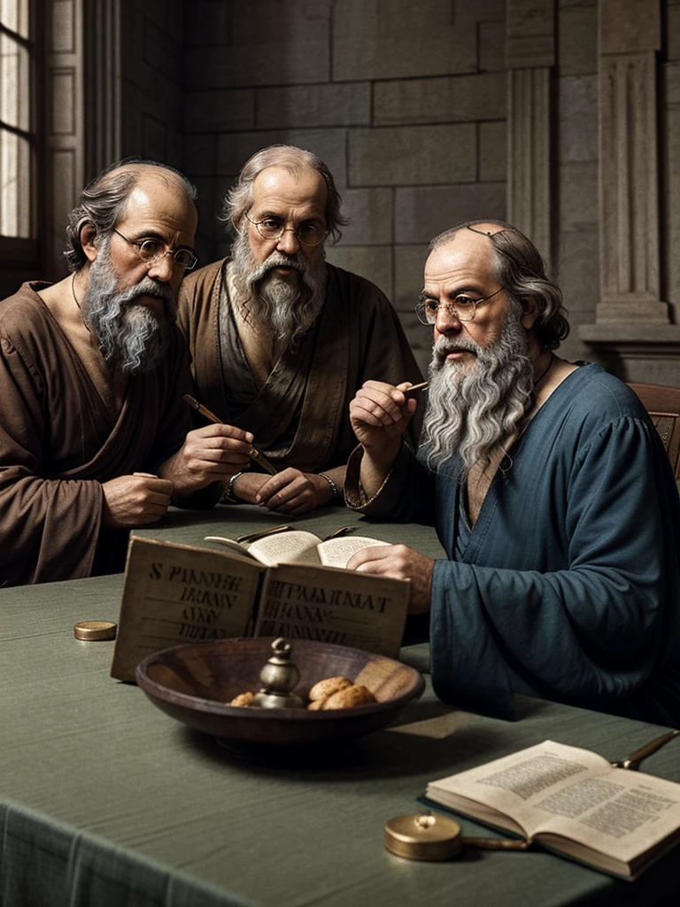 create image of aristotle, plato and socrates together telling secrets at a table