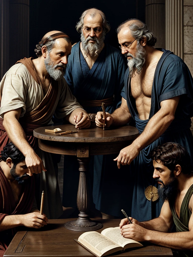 Aristotle, plato and socrates telling secrets at a table