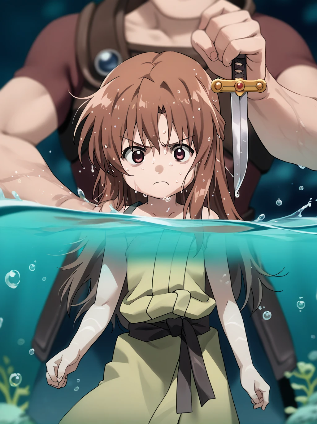 Partially underwater,最high quality,high quality, 4-year-old, , Long Hair, Brown Hair, Wet Hair,  Blurred Edges,Flat Chest,Pitch-dark underground labyrinth,No light,Leather armor,Equipped with a dagger and a shield,Face above water,Body in water, Underwater Photography,The robe rolls up due to buoyancy,Painful face