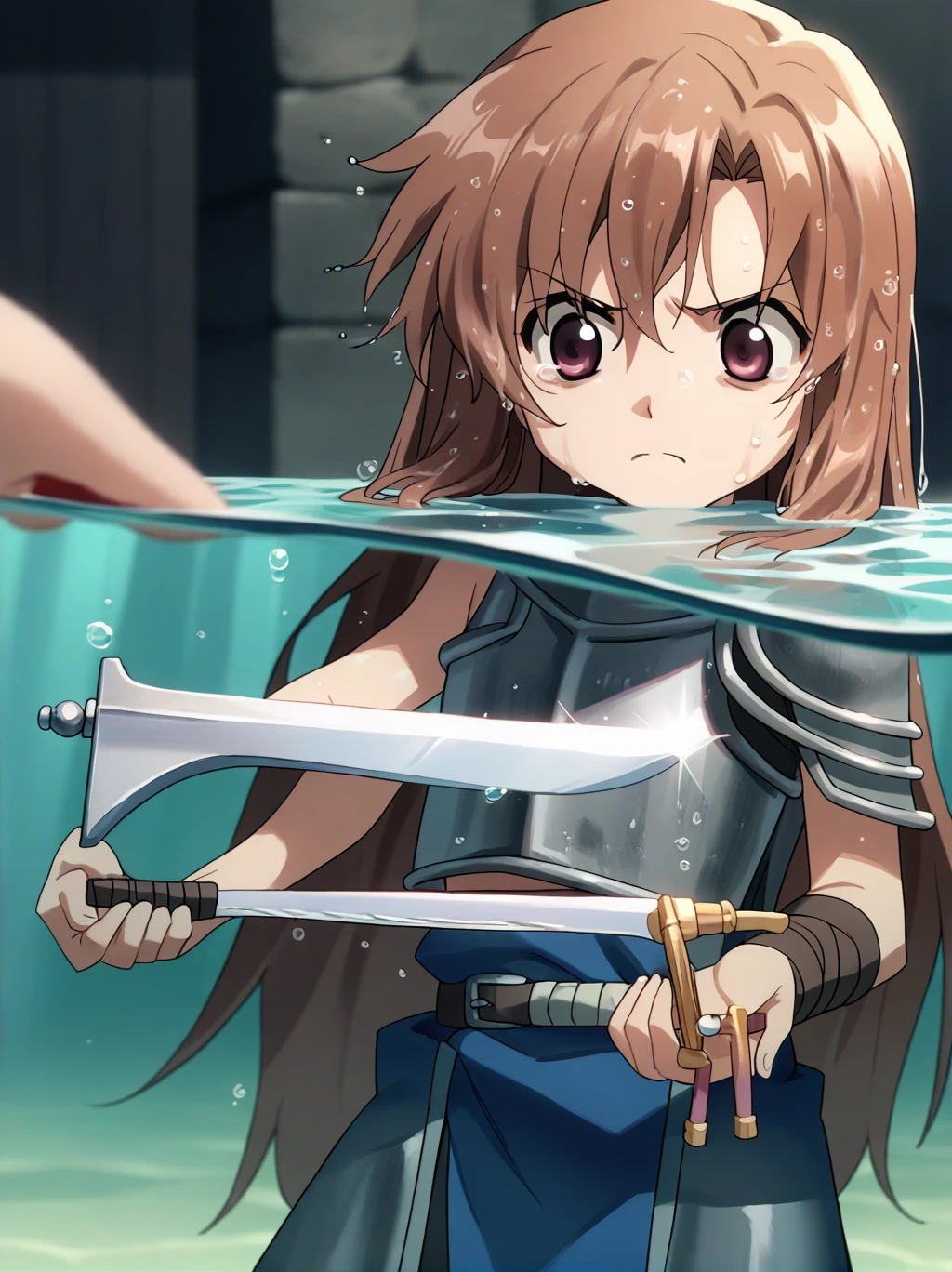 Partially underwater,最high quality,high quality, 4-year-old, , Long Hair, Brown Hair, Wet Hair, Blurred Edges,Flat Chest,Pitch-dark underground labyrinth,No light,Leather armor,Equipped with a dagger and a shield,Face above water,Body in water, Underwater Photography,The robe rolls up due to buoyancy,Painful face