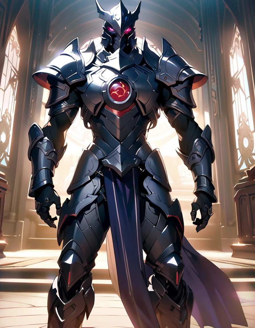 An epic dark paladin closeup, looking at the viewer, (Alone), Full light armor, black, Armor with dragon eye inlay, Standing, full body shot, in a temple in the background, anime screencap, Masterpiece, The best quality, high detail
